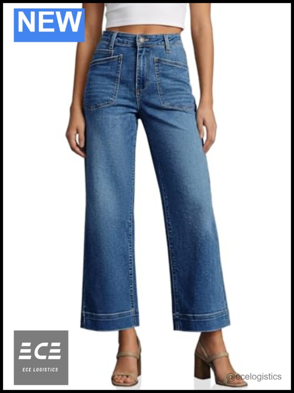 High Waisted Cropped Wide Leg Jeans Frayed Ankle Denim Stretch